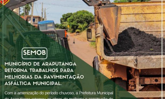 Município de Araputanga retoma trabalhos para melhorias da pavimentação asfáltica municipal.