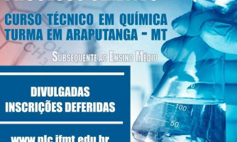 O Instituto Federal de Mato Grosso Campus Pontes e Lacerda- Fronteira Oeste divulgou a relação das inscrições deferidas  para o Curso Técnico em Química