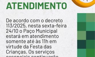 Comunicado: expediente até 11h nesta sexta (24/10) — Paço Municipal participa da Festa das Crianças