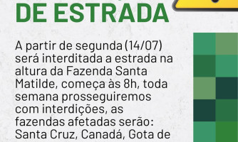 Interdição de Estrada para Obras de Manutenção a Partir de 14/07 em Araputanga
