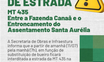 Interdição Temporária na MT-435 para Substituição de Bueiro a partir de 11/07