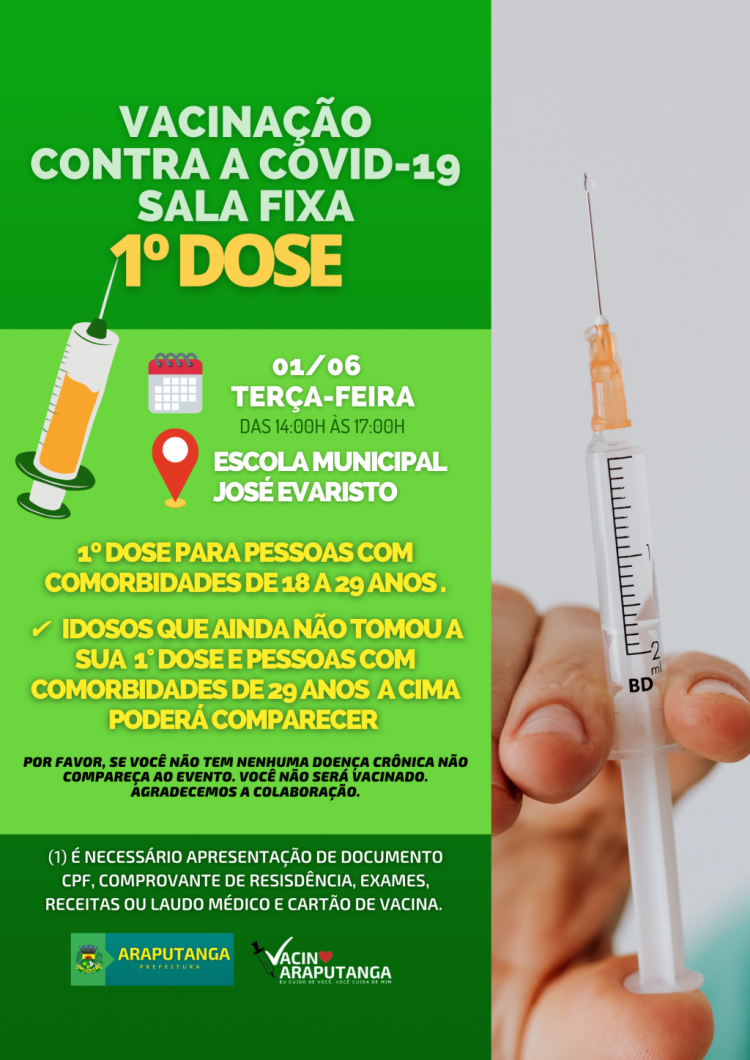 Atenção para a vacinação contra a COVID-19 da 1° DOSE - Pessoas com Comorbidades de 18 a 29 anos. 