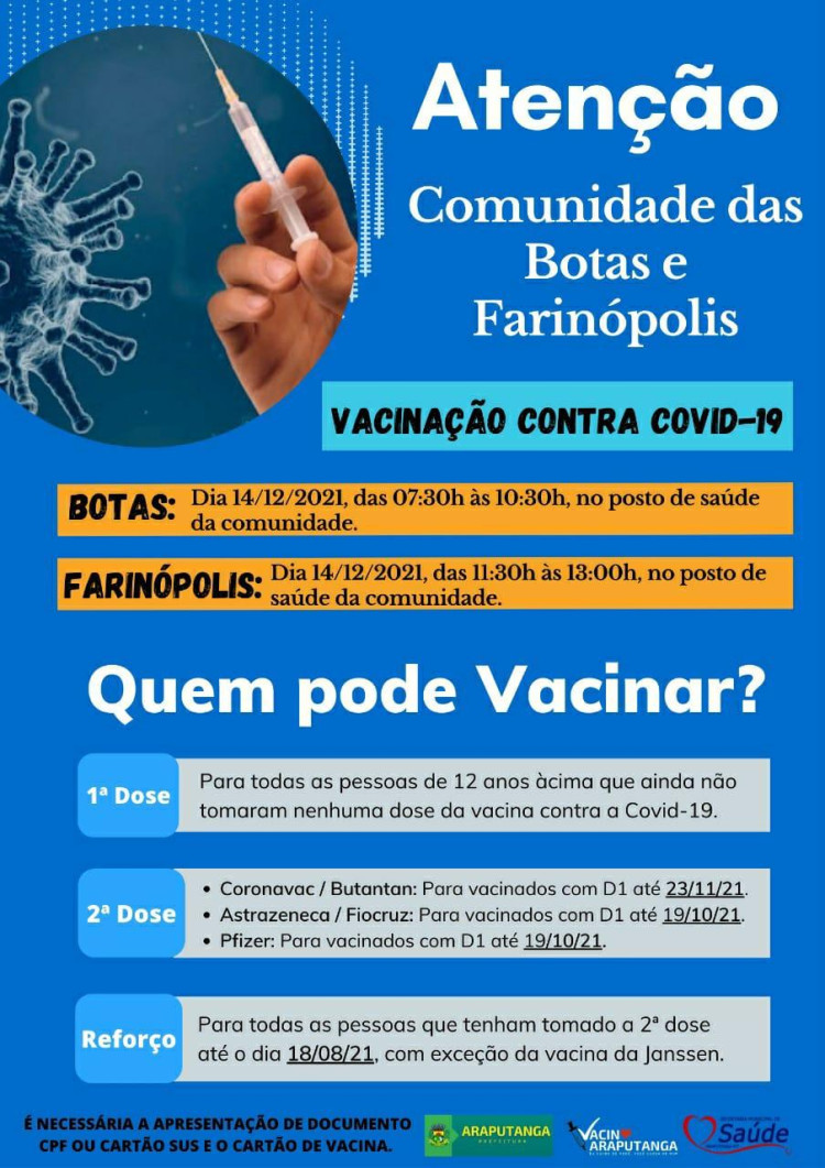 Atenção Comunidade das Botas, Farinópolis e Cachoeirinha: Vacinação contra Covid-19
