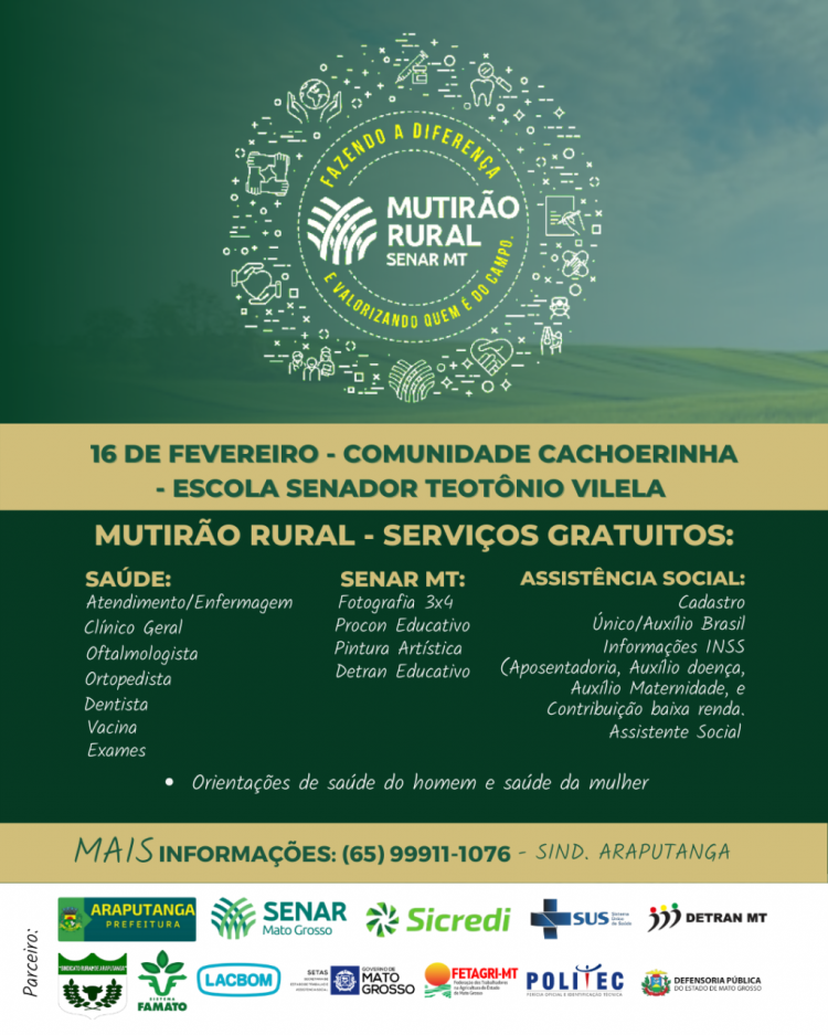 Mutirão Rural em Cachoerinha em parceria com SENAR e Sindicato rural acontecerá no dia 16 de fevereiro.
