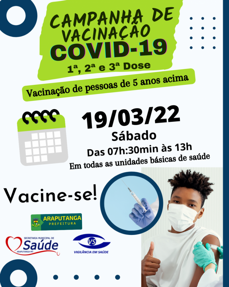 Evento de Vacinação contra a Covid-19 ocorrerá neste sábado, dia 19/03/2022