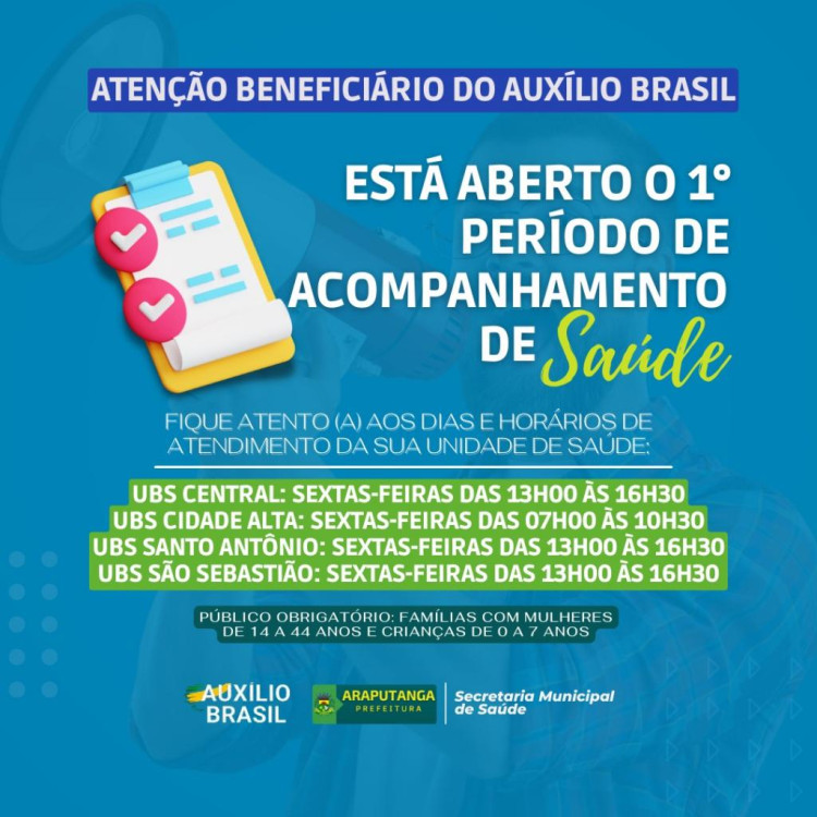 As Secretarias Municipais de Saúde e de Assistência Social de Araputanga solicitam que as famílias beneficiárias do Auxílio Brasil realizem o cumprimento da condicionalidade de saúde