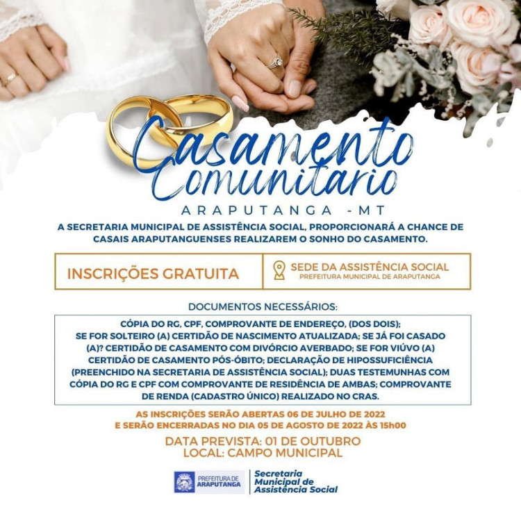 Secretaria de Assistência Social está com inscrições abertas para Casamento Comunitário 2022