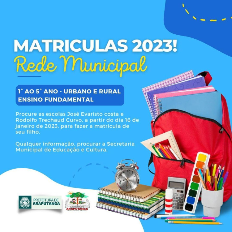A rede Municipal de Educação de Araputanga comunica que a partir de 2023 passará a atender a demanda dos alunos do 1° ao 5° ano do Ensino Fundamental urbano e rural de todo o município de Araputanga.