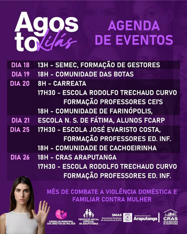 Agosto Lilás: Programação de Eventos em Araputanga pelo Fim da Violência Contra a Mulher