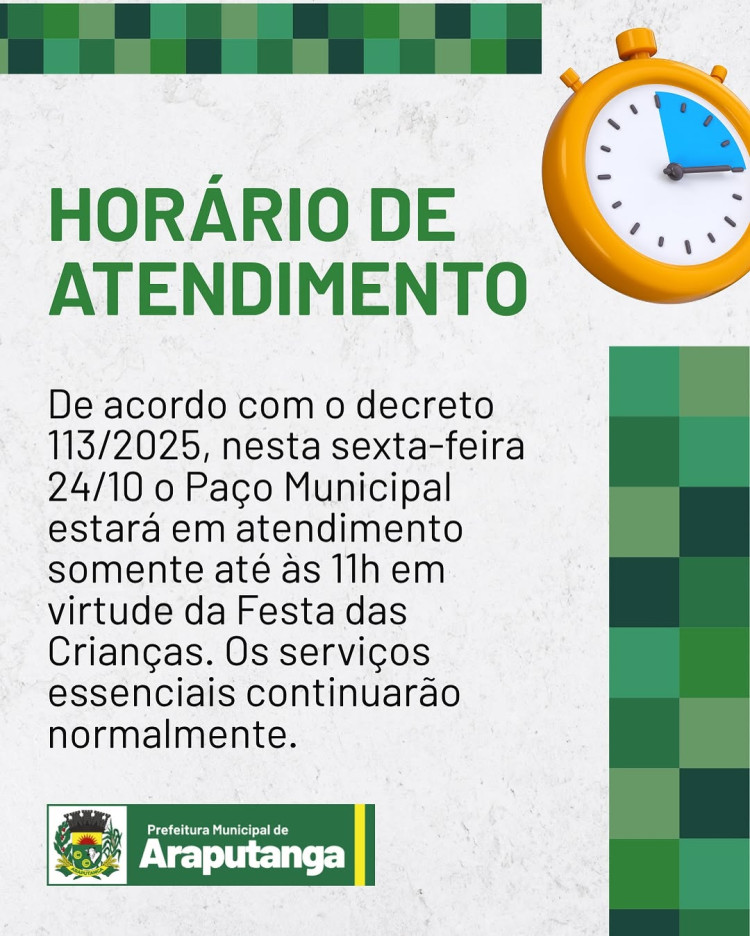 Comunicado: expediente até 11h nesta sexta (24/10) — Paço Municipal participa da Festa das Crianças