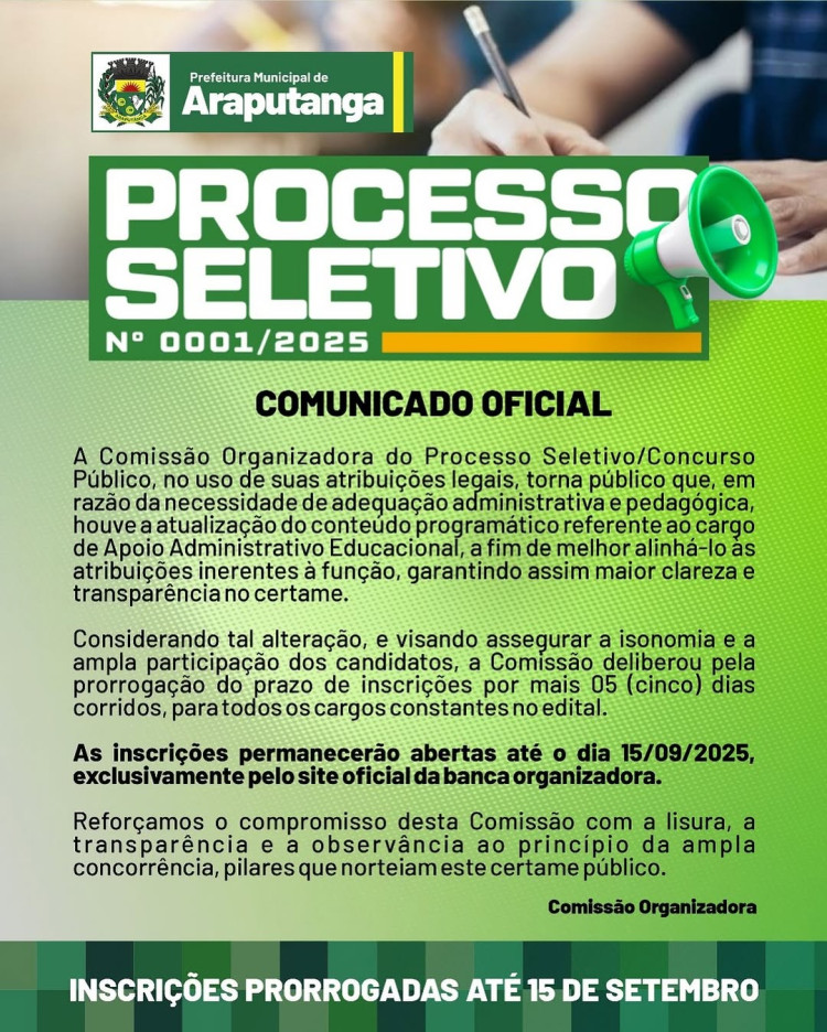 Inscrições do Processo Seletivo nº 0001/2025 prorrogadas até 15/09/2025