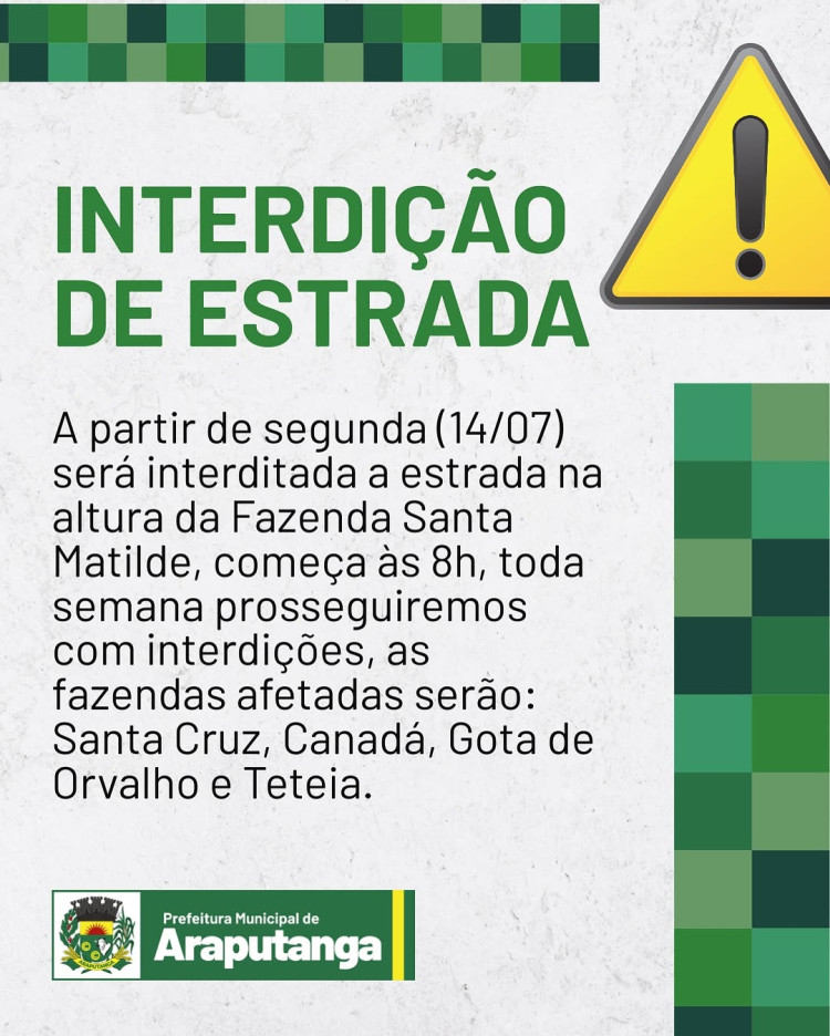 Interdição de Estrada para Obras de Manutenção a Partir de 14/07 em Araputanga