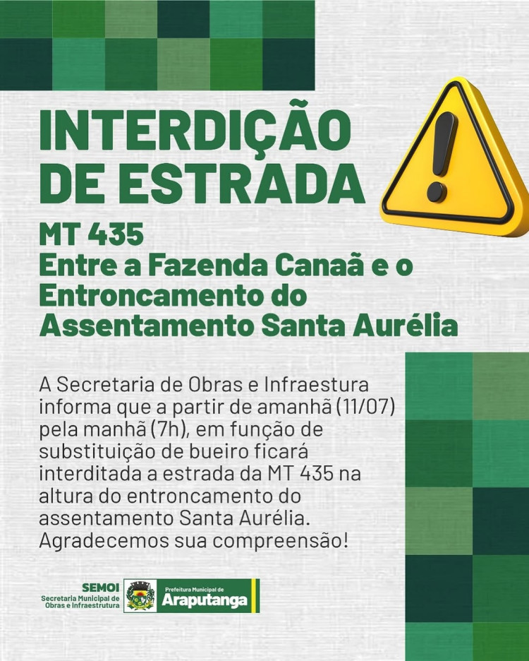 Interdição Temporária na MT-435 para Substituição de Bueiro a partir de 11/07