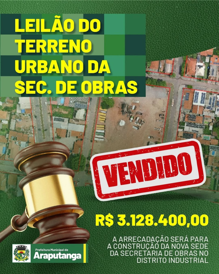 Prefeitura de Araputanga arrecada R$ 3.128.400 em leilão para construção da nova sede da Secretaria de Obras