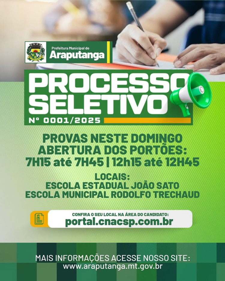 Provas do Processo Seletivo nº 0001/2025 — Domingo: Horários e Locais