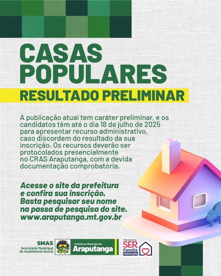 Resultado Preliminar das Inscrições do Programa Ser Família Habitação Já Está Disponível