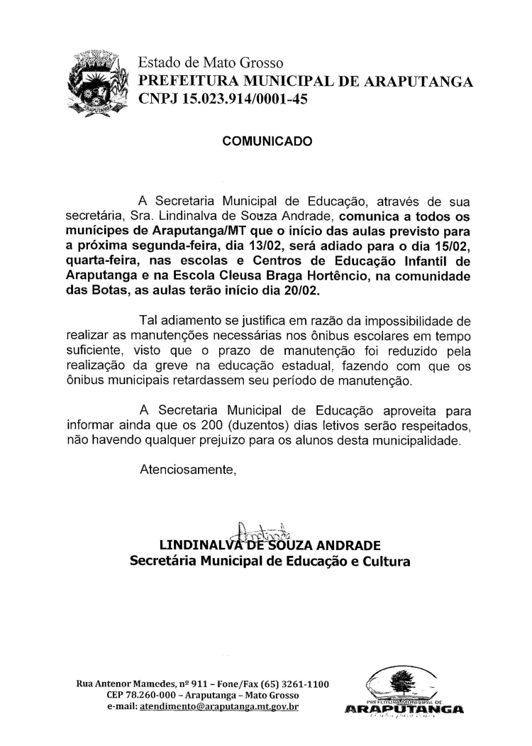 COMUNICADO IMPORTANTE - Início das aulas será a partir do dia 15 em Araputanga
