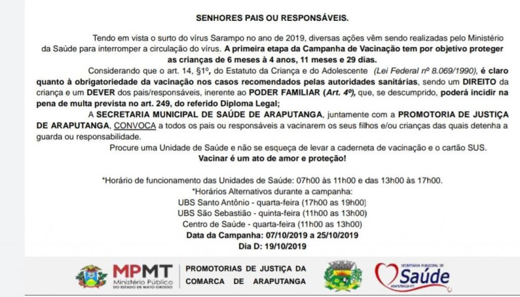 Comunicado da Secretaria de Saúde
