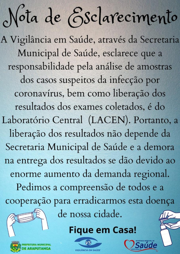 NOTA DE ESCLARECIMENTO DO SETOR DE VIGILÂNCIA EM SAÚDE ATRAVÉS DA SECRETARIA DE SAÚDE.